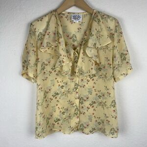 Vtg Fritz & Floyd 10 Blouse Button Up Floral Yellow Ruffle Cottagecore Country